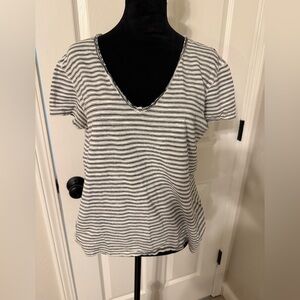 All Saints Black and White Striped V-Neck Tee